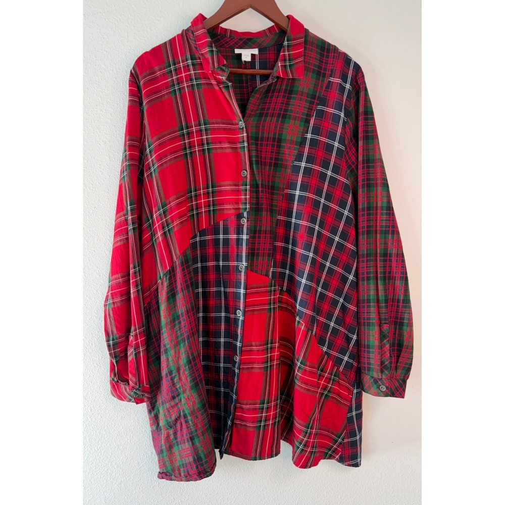 J. Jill Red Patchwork Plaid Button Down Tunic Top Holiday Preppy Grunge XL
